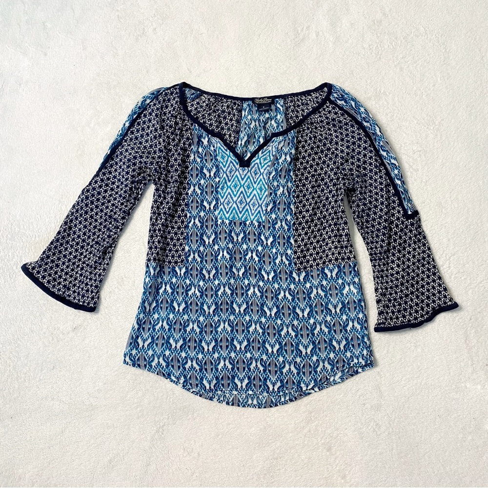 Lucky Brand blue geometric tunic 3/4 sleeve blouse shirt size small